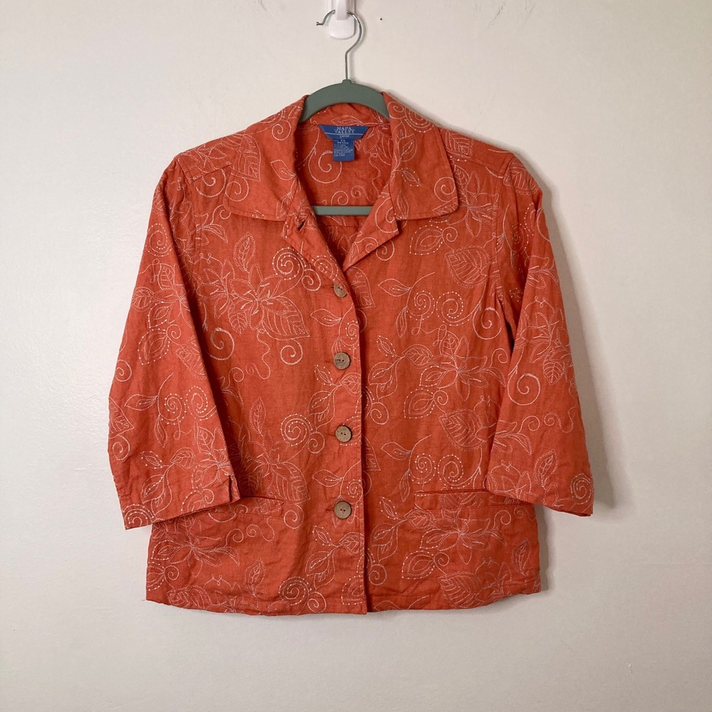 Boho Linen Blend Embroidered Floral Orange Button Shirt Napa Valley PS Coastal